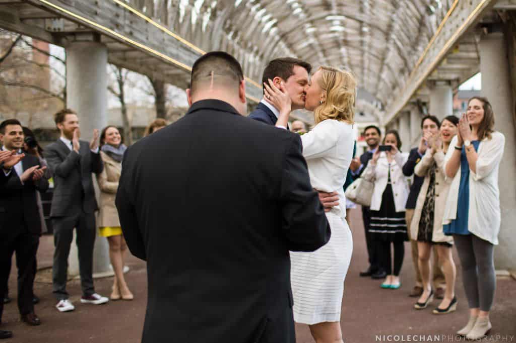 Intimate and Small Boston wedding photos at Christopher Columbus Park on the Boston Harbor Waterfront