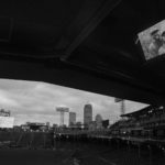 a black and white photo of a baseball stadium.