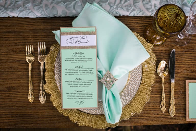Gold and mint green wedding details