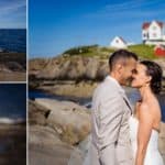a bride and groom standing on the rocks near a lighthouse.