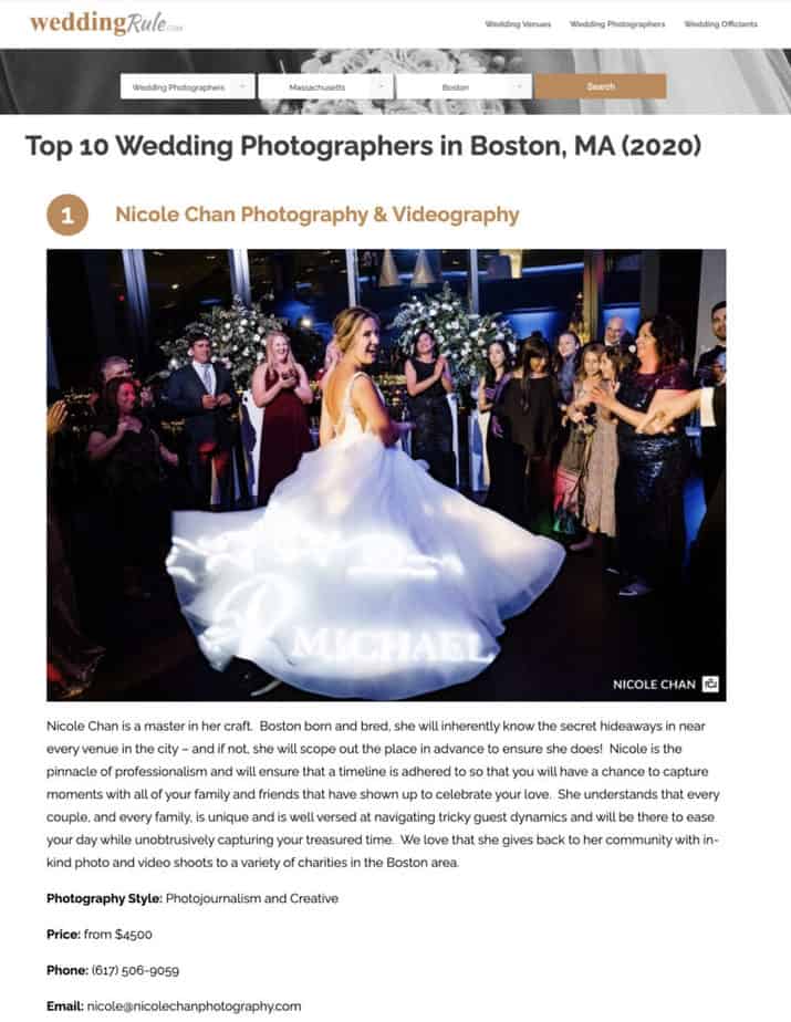 Top 10 Best Wedding Photographers in Boston for 2020 – WeddingRule.com awarded Nicole Chan in the #1 spot!