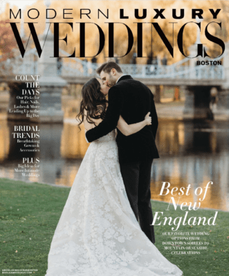 a bride and groom kissing on the cover of modern luxury wedding magazine.
