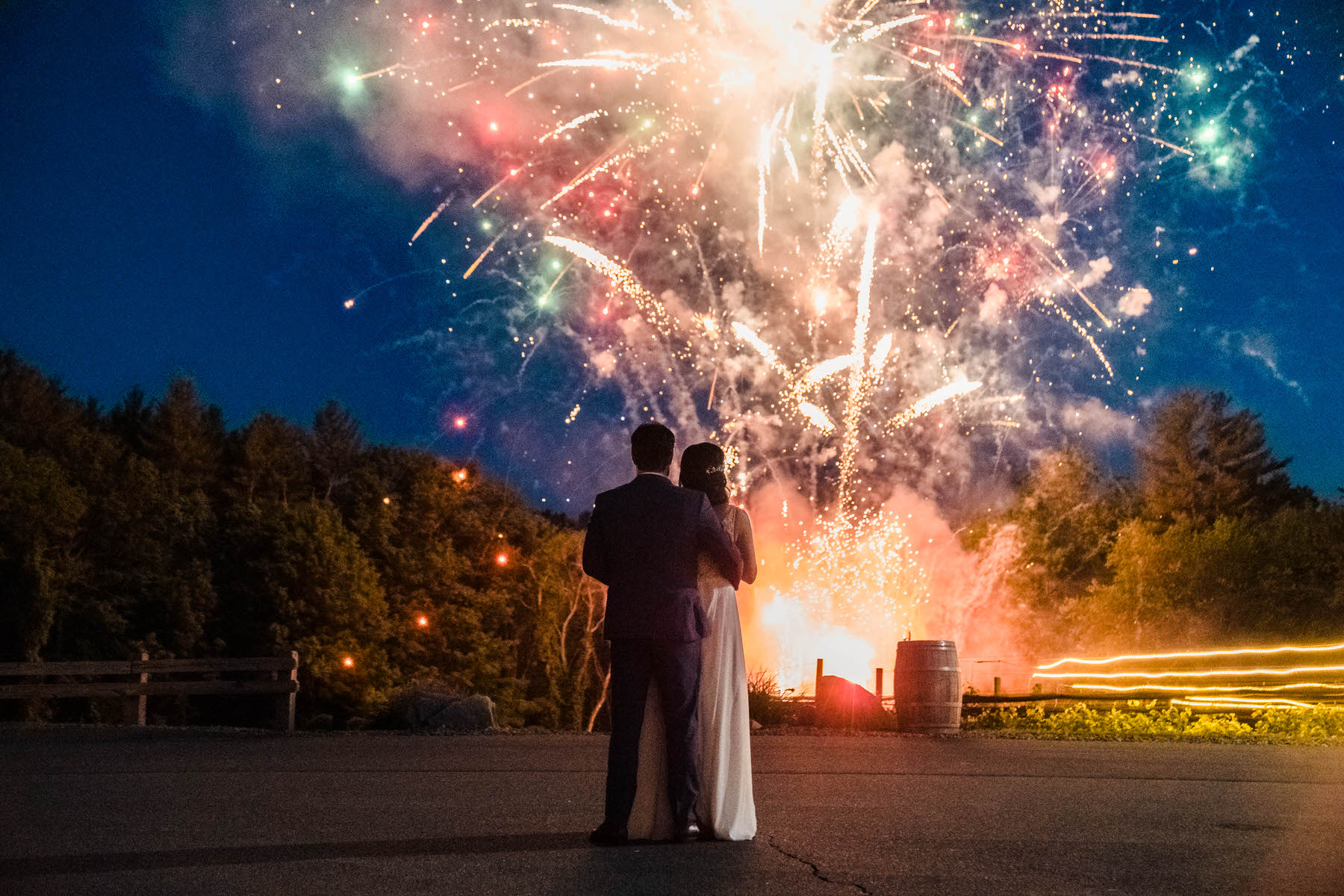 a bride and groom standing in front of a firework display.