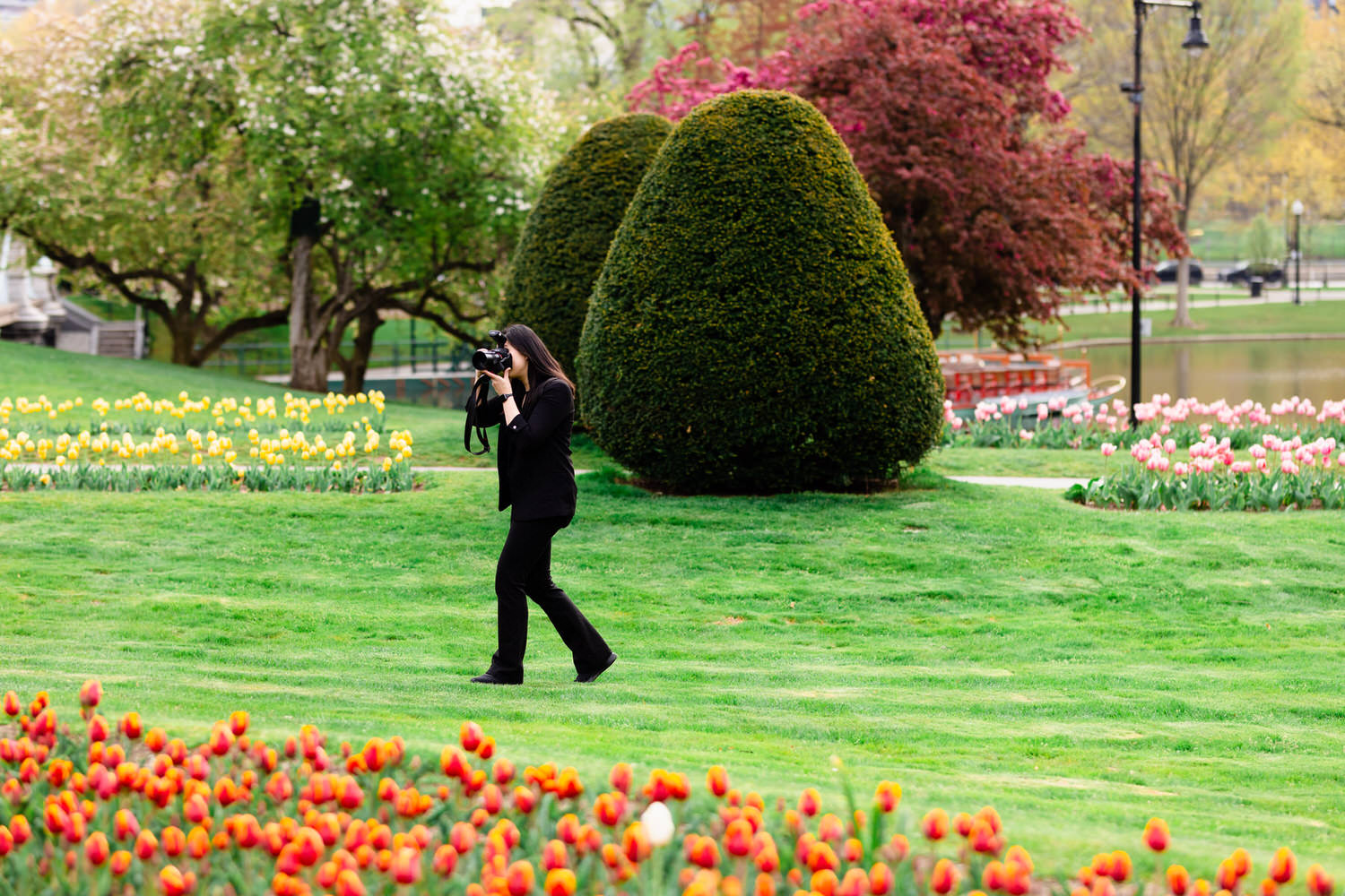 a woman taking a picture of flowers in a park.